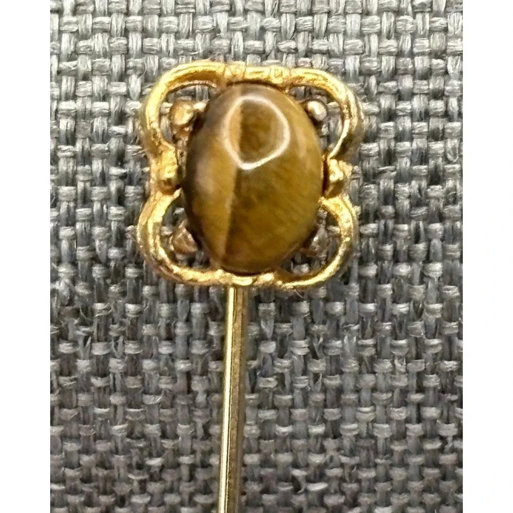 Vintage Tiger Eye Stone Cabochon Stick Pin Brooch Hat Lapel